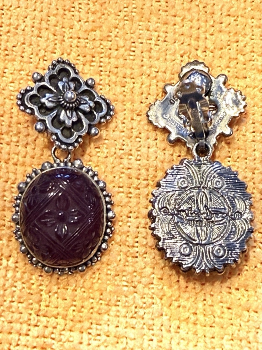 Vintage Stephen Dweck S/Silver & Carved Quartz Clip-On Dangle Earrings